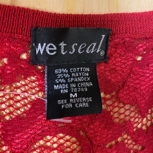 Wet Seal Red cardigan with lace back and top faux diamond / crystal button. - Picture 4 of 8